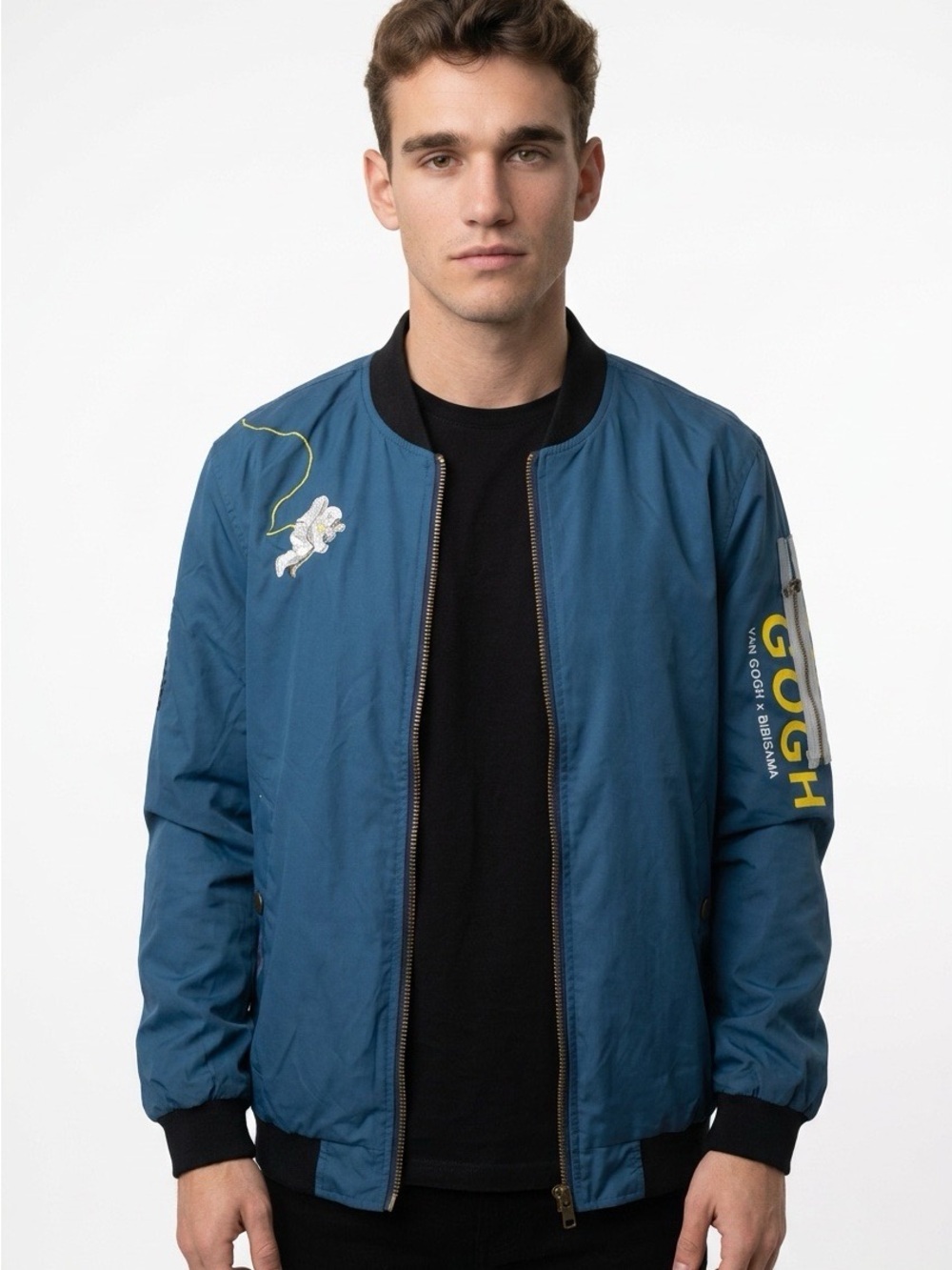 2129 - Gough Blue Bomber Jacket with Embroidered Detail